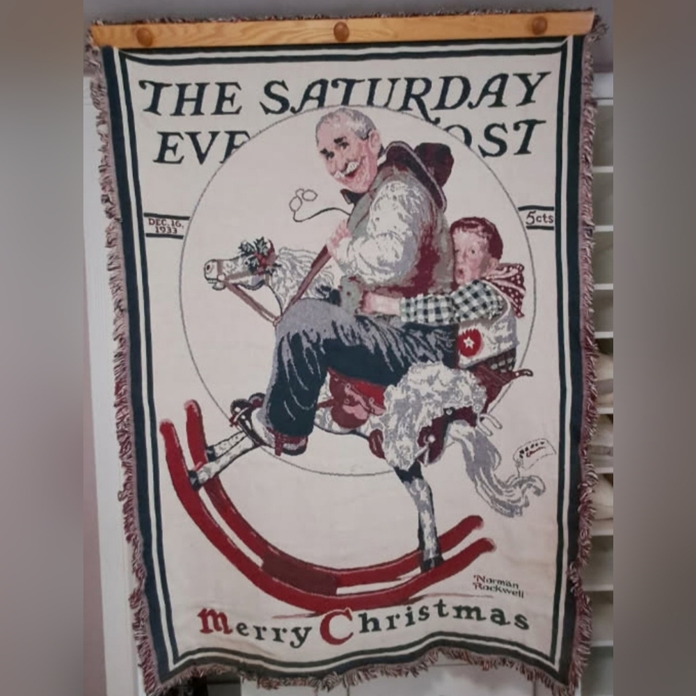 Norman Rockwell Holiday Tapestry Blanket with Red and Gray Accents